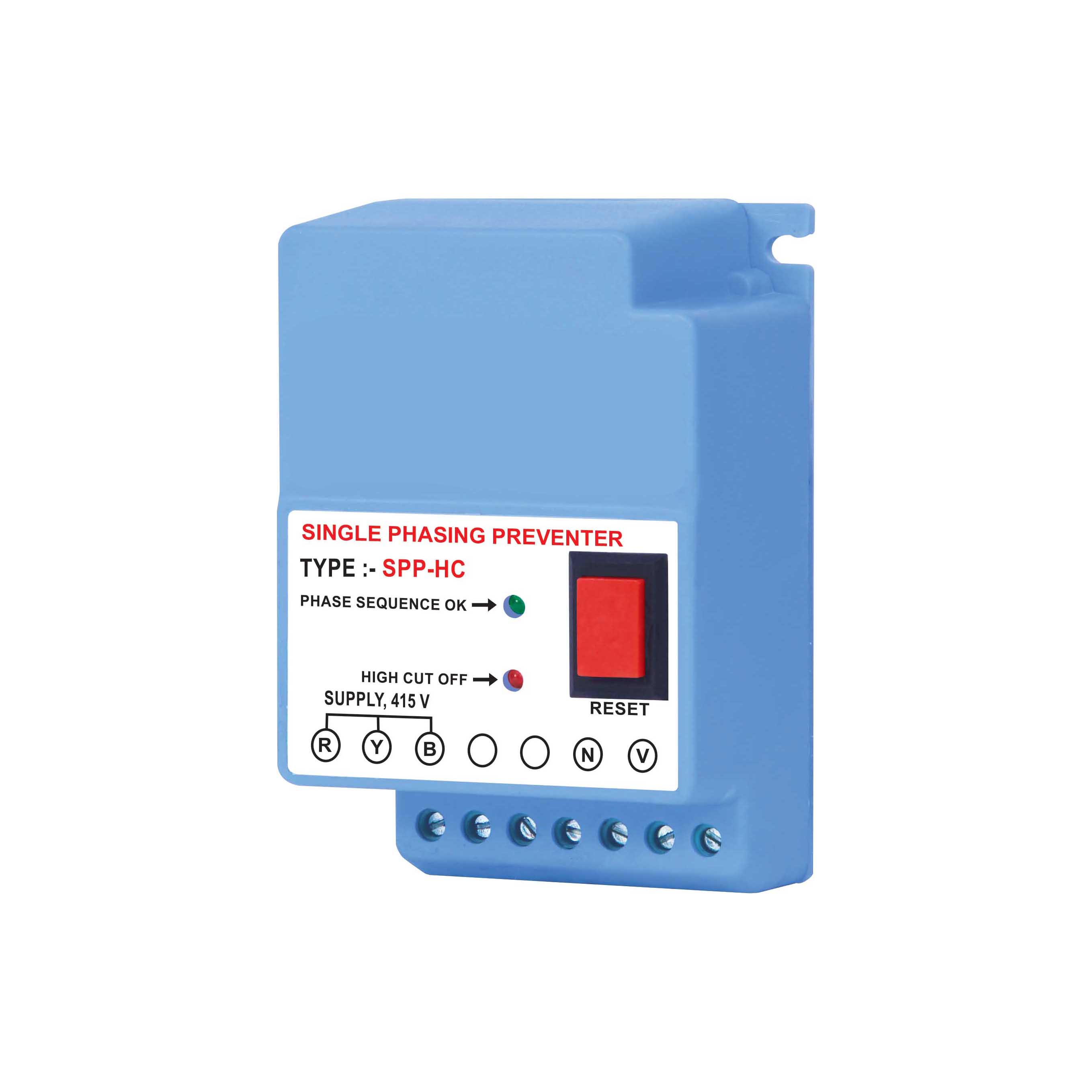 SPP HL Single Phasing Preventer for three phase panel with high voltage protection and reset button provided